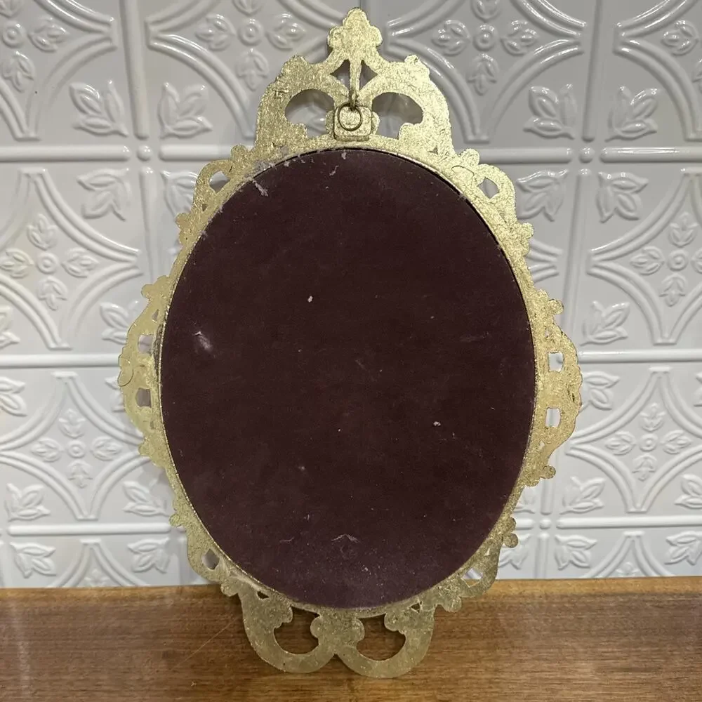 The Angelus By J F Millet Oval Metal Frame Convex Glass Farmer Wife Praying Vtg